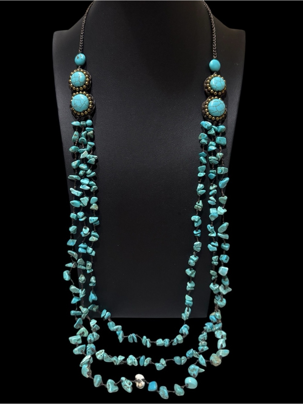 Turquoise Chip Multi-Strand Necklace w/ Antiqued Brass Accents Braided Cord Boho